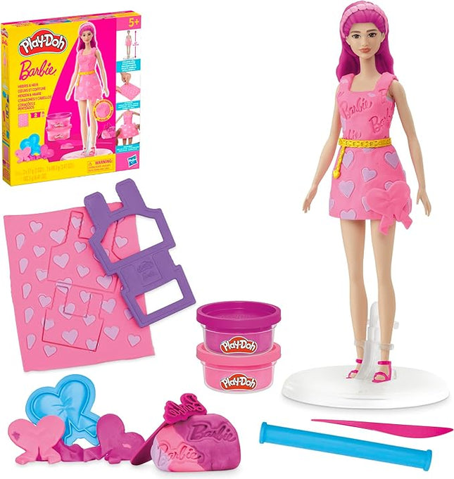 Play-Doh Barbie Hearts and Hair Set, Make Doll Clothes with Modeling Compound & 10 Fashion Accessories, Arts & Crafts for Girls & Boys 5+