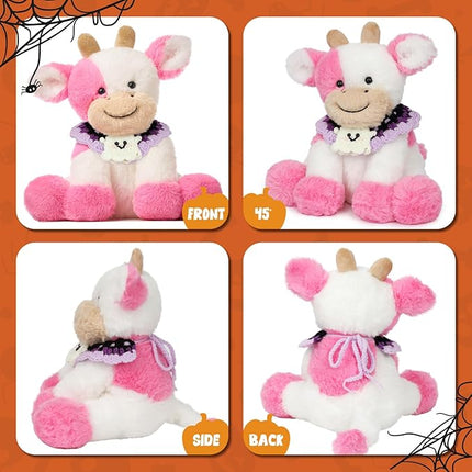Hopearl Adorable Halloween Plush Cow Toy with Knitted Cute Ghost Bib Floppy Dairy Cattle Soft Stuffed Animal Gifts for Boys Girls Kids Toddlers, Pink, 9''