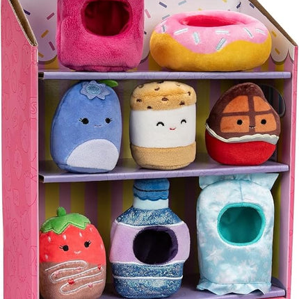 Squishville by Original Squishmallows Snack Machine Accessory Pack - Four 2-inch Squishmallows Plush Including Bluby, Kaoko, Scarlett, and Paulton and Four Plush Costumes - Toys for Kids