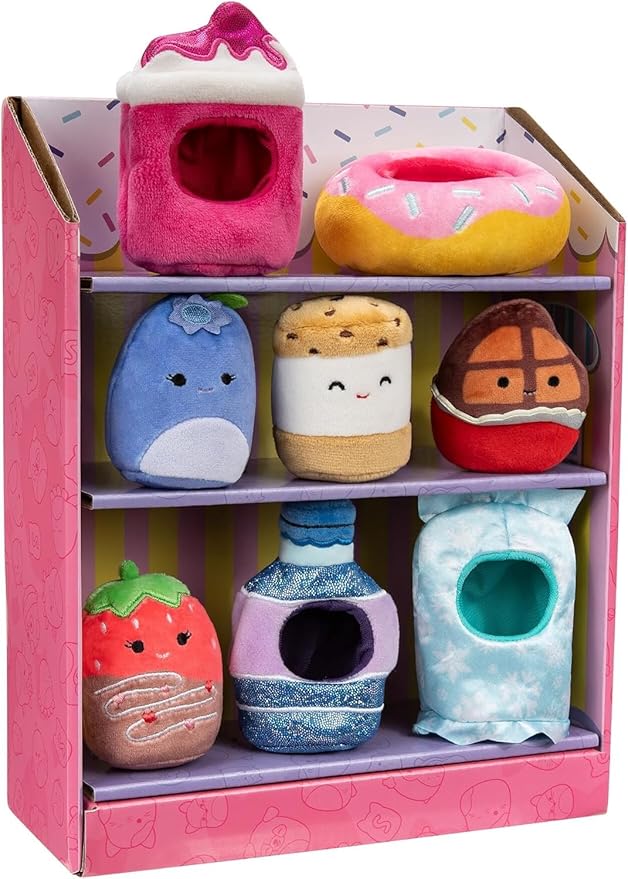 Squishville by Original Squishmallows Snack Machine Accessory Pack - Four 2-inch Squishmallows Plush Including Bluby, Kaoko, Scarlett, and Paulton and Four Plush Costumes - Toys for Kids