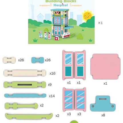 123PCS Wooden Building Blocks Set for Toddlers, Construction City Stacking Toys, Preschool Learning Educational Toys for Kids 3+ Years Girls and Boys (Hospital)