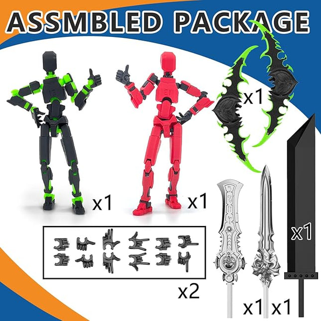 [2-Pack] Assembled Titan 13 Action Figure Set, 3D Printed T13 Dummy Action Figure Multi-Jointed Movable Hand, Lucky 13, Desktop Decorations Game Gifts, (Black Green + Red Black)