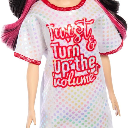 Barbie Fashionistas Doll #214, Black Wavy Hair with Twist ‘n’ Turn Dress & Accessories, 65th Anniversary Collectible Toy