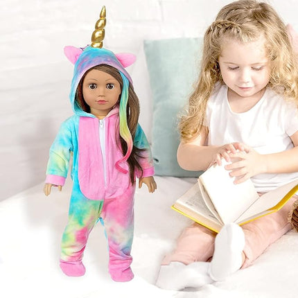 18 Inch Doll Clothes-Rainbow Unicorn Doll Costume Onesie Pajama with Hair Bows Little Angel Wings Fits 18 Inch Girl Doll Accessories