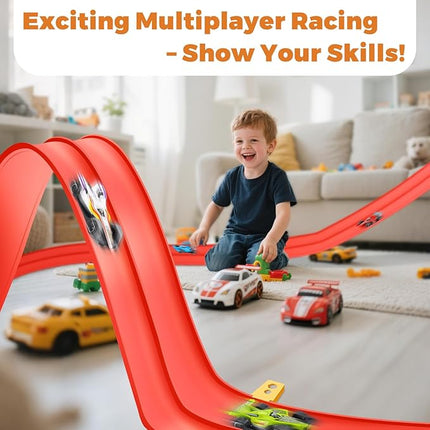 15 Ft Flexible Race Car Track, Portable Dual-Sided Race Car Track with 4 Cars & Suction Cups, Compatible with Hot Wheels & 1/64 Diecast Cars, Kids’ Car Ramp & Race Track (red)
