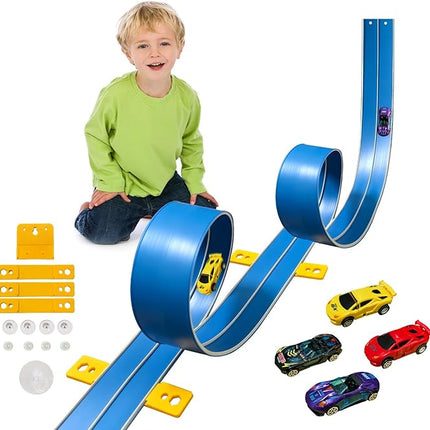 15 Ft Flexible Race Car Track (Daytona Blue) for Kids,Flex Track Starter Set Compatible with Hot Wheels and Diecast 1/64th Cars,Portable Racetrack Roll Up Race Track with 4 Racecars and Suction Cups