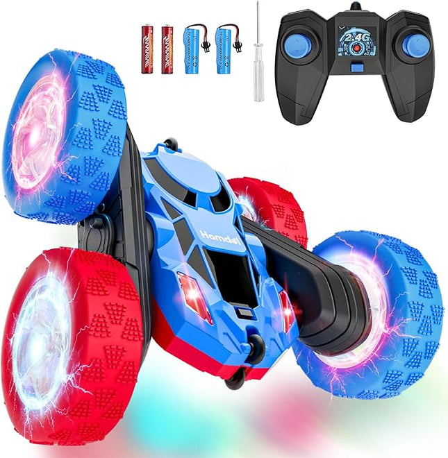 Remote Control Car Double Sided 360°Rotating 4WD RC Cars with Headlights 2.4GHz Electric Race Stunt Toy Car Rechargeable Toy Cars for 6-12 Year Old Boys Girls Birthday Gift (Red and Blue)