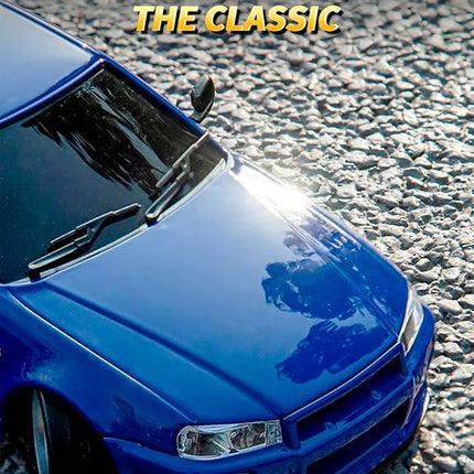 LD1899 1:18 RC Drift Car GTR R34 2.4GHz RWD with Gyroscope on-Road Alloy Body Shell Racing Cars Radio Control (Blue)