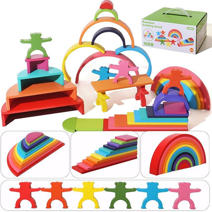 40-Piece Wooden Rainbow Stack Set, 4-in-1 Building Blocks preschoolers Early Development & Activity Toys Montessori Toys for Kids 3, 4, 5, 6 Years and Older Gifts for Boys and Girls