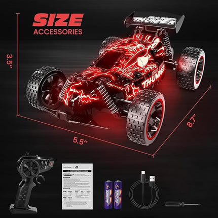 Tecnock RC Cars for Kids, 1:18 Scale 2WD RC Car with LED Lights, 2.4GHz Remote Control Car with USB-C Easy Charging & 50 Mins Playtime, Toys Gifts for Boys & Girls Ages 8-12