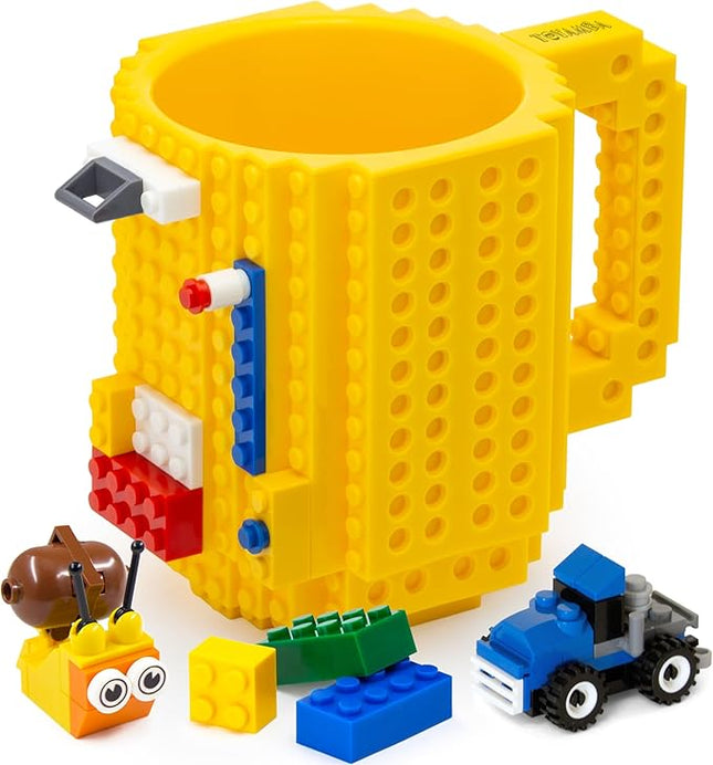 TOYAMBA Build-on Brick Mug with 3 Packs of Building Blocks Compatible with Major Brands, BPA-Free Plastic Funny Coffee Mug for Men/Women, Funny Cups for Kids 16OZ (Yellow)