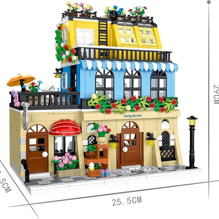 City Hotel Architecture Building Kit with Lights,3 Levels Garden Hotel Model Building Blocks Toy,for 12+Age Teen,Adult（1464 Pieces）
