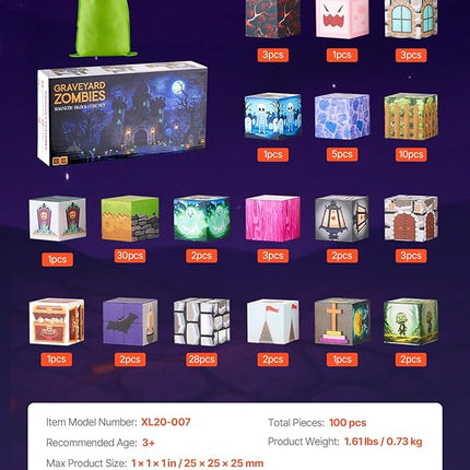 VEVOR Magnetic Blocks, 100 PCS Cemetery Zombies Set, Magnetic Building Cubes for Kids, STEM Montessori Sensory Toys for Christmas Birthday Gift, Construction Stacking Toy for 3+ Years Old Boys & Girls