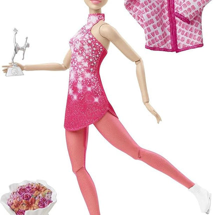Barbie Winter Sports Ice Skater Brunette Doll (12 Inches) with Pink Dress, Jacket, Rose Bouquet & Trophy, Great Gift for Ages 3 and Up