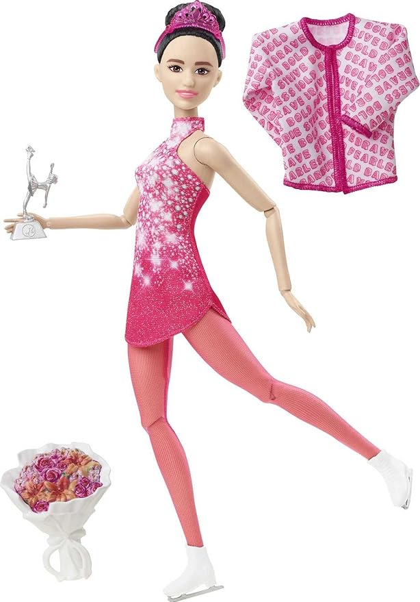 Barbie Winter Sports Ice Skater Brunette Doll (12 Inches) with Pink Dress, Jacket, Rose Bouquet & Trophy, Great Gift for Ages 3 and Up