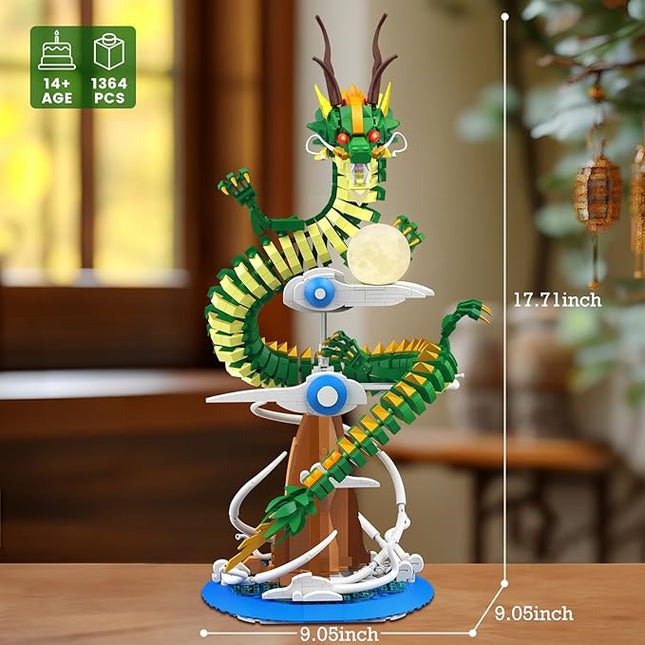 NUTCRACKER Dragon Building Blocks Set for Adult, Lighting Dragon Building Display Model with Light Ball, Cool Animal Dragon Toy Building Set, Easter Birthday Gifts for Boys Girls 14+ (1364 Pieces)