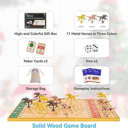 Luxurious Horse Race Board Game Horse Racing Board Game Colorful Metal Grommets with 11 Durable Metal Horses 2 Dice and 2 Boxes of Cards (Gold Grommets)