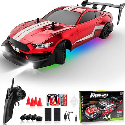 Remote Control Car RC Drift Car 1:16 Scale 4WD RC Vehicle with LED Lights 2.4GHz 30km/h RTR High Speed Racing Sport Toy for Adults Boys Girls Kids Gift 2Pcs Rechargeable Battery