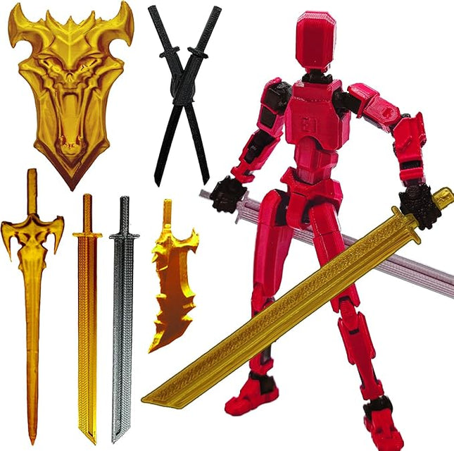 3D Printed 5.54-inch Multi-Jointed Action Figures Dummy13, Full Body Mechanical Movable Toy, Multiple Accessories, Hand Painted Figure, Desk Decoration, Creative Gifts (Bright Red)