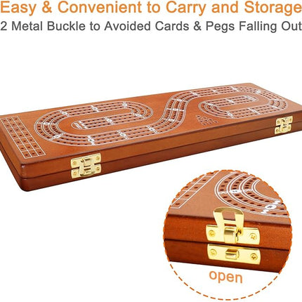 Cribbage Board Game Set 3 Tracks, Plusvivo Solid Oak Wood Cribbage Boards Unique with 9 Metal Pegs & 2 Storage Area, 15.5 X 4.9 X 1.2 in Travel Portable Cribbage Game Sets for Family