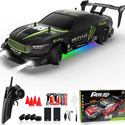 Remote Control RC Drift Car 1:16 Scale 4WD RC Car with LED Lights 2.4GHz 30km/h RTR High Speed Racing Sport Toy for Adults Boys Girls Kids Gift 2Pcs Rechargeable Battery (A-Black)