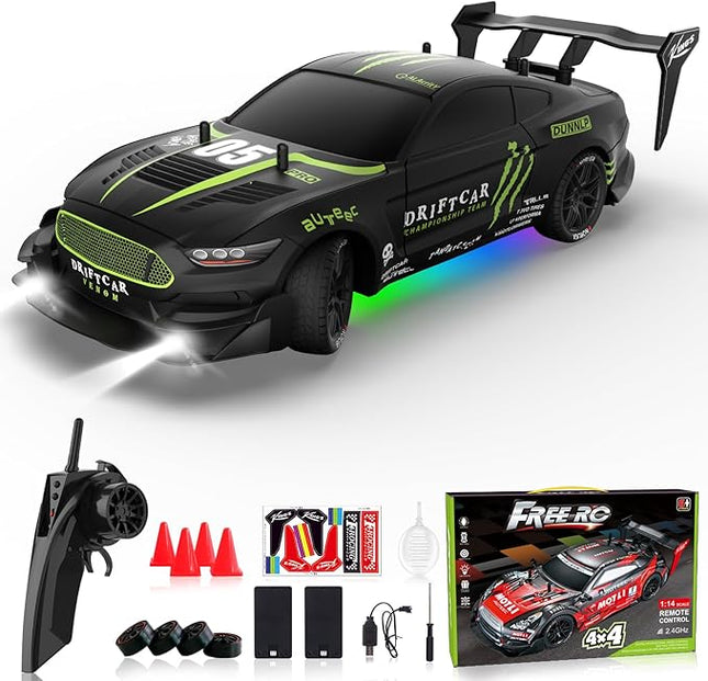Remote Control RC Drift Car 1:16 Scale 4WD RC Car with LED Lights 2.4GHz 30km/h RTR High Speed Racing Sport Toy for Adults Boys Girls Kids Gift 2Pcs Rechargeable Battery (A-Black)