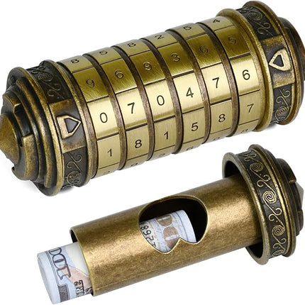 wellsee Da Vinci Code Mini Numbers Cryptex Brainteaser Puzzle Box,Metal Password Lock Cash Box with Hidden Compartment for Money,Challenge Game for Ages 12+ and Up,Unique Xmas Gifts for Her&Him,Bronze