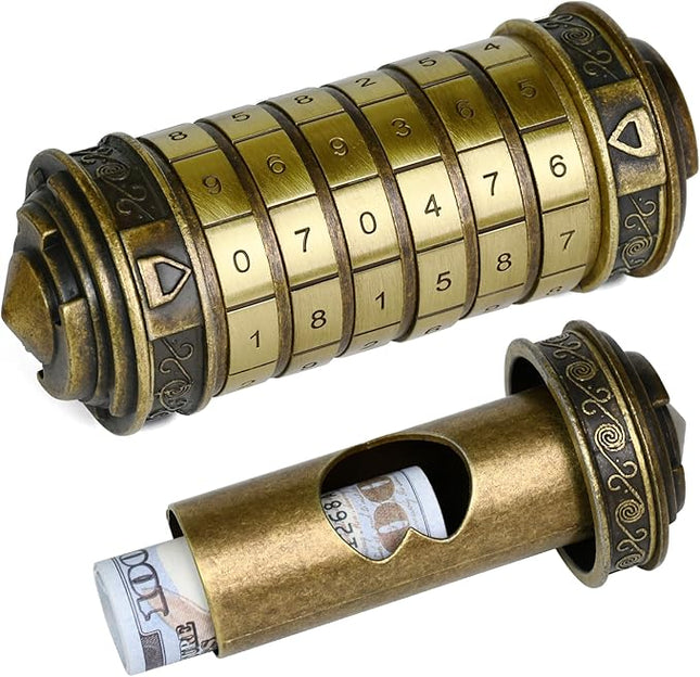 wellsee Da Vinci Code Mini Numbers Cryptex Brainteaser Puzzle Box,Metal Password Lock Cash Box with Hidden Compartment for Money,Challenge Game for Ages 12+ and Up,Unique Xmas Gifts for Her&Him,Bronze