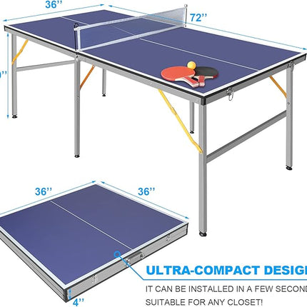 Table Tennis Table 4.5 FT / 6 FT / 8 FT / 9 FT Foldable Portable Ping Pong Table with 2 Table Tennis Paddles 3 Balls and Net for Indoor Outdoor Games