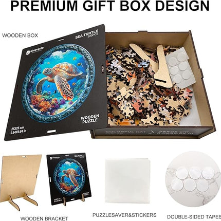 Wooden Puzzle for Adults – Unique Sea Turtle-Shaped Jigsaw, Ocean Animal Design Brain Teaser for Kid & Teen 220 Pieces, 10"x10", Ships as Whole Puzzle Board, Gift-Ready Box, Fun Family Game,