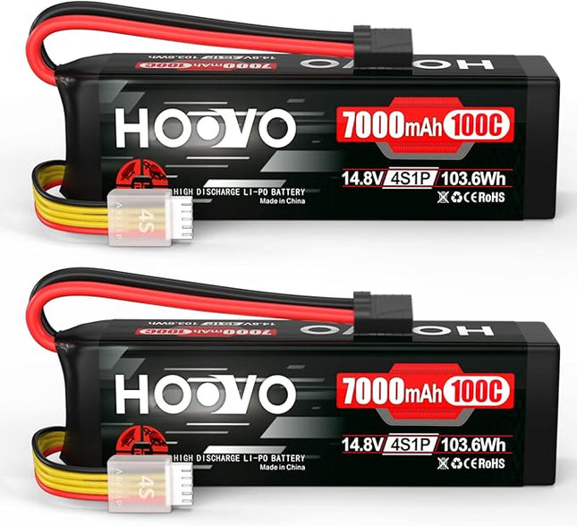 HOOVO 4S 14.8V LiPo Battery 7000mAh 100C RC Battery Metal Plates Compatible for X-Maxx RC Truck Tank RC Car Racing Hobby (2 Pack)