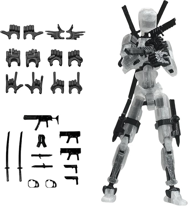Pre-Assemly 3D Printed 5.54'' Stick 13 Action Figure, Multi-Jointed Tian13, Articulated T13 Desktop Decoration,12 in 1 Accessories, Best Birthday Festival Gift (Transparent)