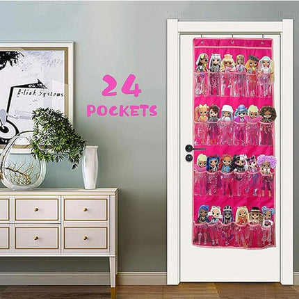 Hanging Over Door Toy Storage Organizer with 24 Clear View Pockets, Ideal for Lol Omg Dolls Barbie Dolls Surprise Doll, Cars and More Collectibles‘s Storage, Best Gift for Girls (Pink)