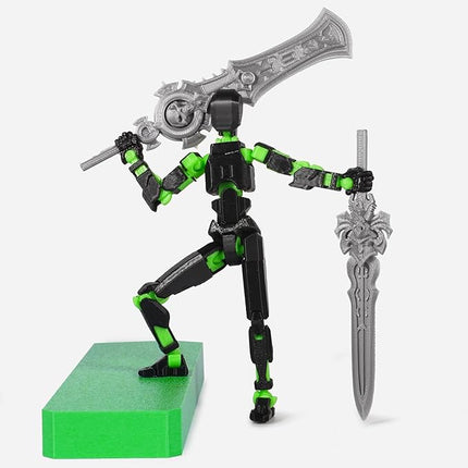 Pre-Assembly 3D Printed 5.54'' Dummy13 Action Figure, Multi-Jointed Tian13, Articulated T13 Desktop Decoration,12 in 1 Accessories, Best Birthday Festival Gift (Black+Green)