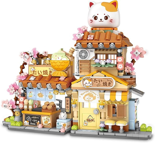 Cute Cat Mini City Street View Building Blocks Set - Realistic Architecture Model Kit, 3D Puzzle Toy for Adults & Kids, Foldable House Building Kits for Home Decoration