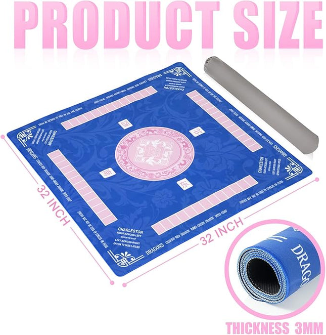 Mahjong Mat with Carrying Bag for Table 32x32 Inch – Non-Slip Noise-Reducing Rubber Mat with Rules for Mahjong, Poker, Card Games, Board Games & Dominoes (Pink)
