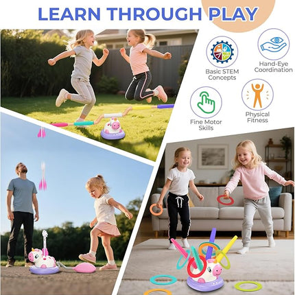 3-in-1 Outdoor Toys for Kids Ages 3-8, Unicorn Rocket Launcher, Ring Toss & Musical Jump - Backyard Indoor Active Play Set for Boys Girls, STEM Learning Toys Birthday Gift for 3 4 5 6 7 8 Years Old