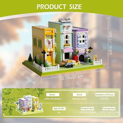 Mini Cafe-Bookshop Building-Blocks Set- City Town Coffee Bookstore House Modular Building Book Nook Model Construction Building Blocks Bookend Collection Set 1699 PCS for Adults