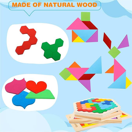 5 Pack Wooden Tangrams Puzzle Set Wooden Hexagon Puzzle Wood Russian Blocks Tangram Puzzle Brain Teaser Puzzles for Kids Adults 3D Logic Intelligence IQ Game Gift
