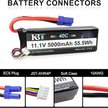 KBT 3S 5000mAh Soft Case LiPo High Discharge Rate Battery with USB Cable 40C(Burst 80C) 11.1V Rechargeable Lithium Polymer Battery with EC5 Plug for RC Car Trucks Boat Vehicle Airplane RC Hobby