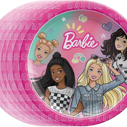 Barbie Party Supplies Bundle includes 24 Dessert Cake Paper Plates and 1 Dinosaur Sticker Sheet