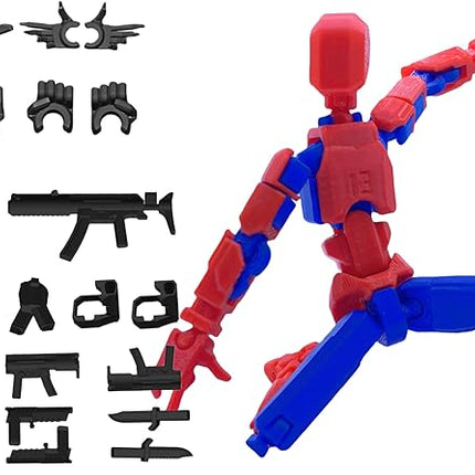 Pre-Assembly 3D Printed 5.54'' Dummy13 Action Figure, Multi-Jointed Tian13, Articulated T13 Desktop Decoration,12 in 1 Accessories, Best Birthday Festival Gift (Blue+red)
