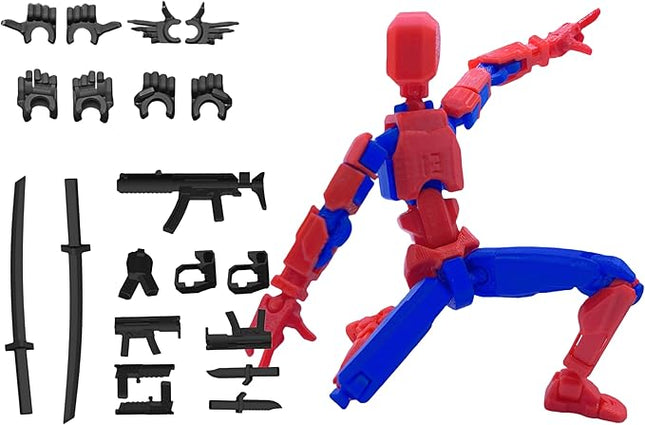 Pre-Assembly 3D Printed 5.54'' Dummy13 Action Figure, Multi-Jointed Tian13, Articulated T13 Desktop Decoration,12 in 1 Accessories, Best Birthday Festival Gift (Blue+red)