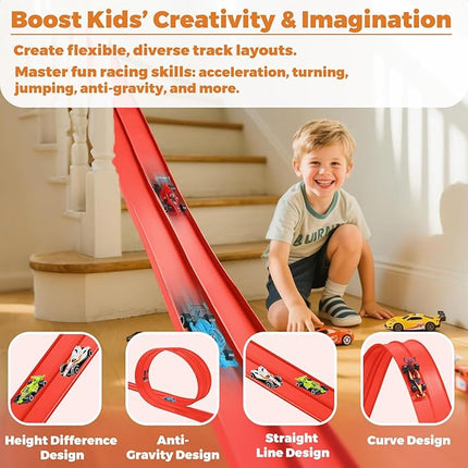 15 Ft Flexible Race Car Track, Portable Dual-Sided Race Car Track with 4 Cars & Suction Cups, Compatible with Hot Wheels & 1/64 Diecast Cars, Kids’ Car Ramp & Race Track (red)