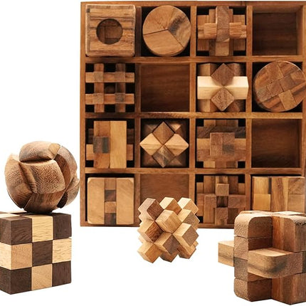 BSIRI 16 in 1 Wooden Brain Teaser Puzzles for Adults and Teens or Kids Interlocking 3D Mini Wood Mind Games Hand Puzzle Teasers Set Toys Coffee Table Games Gift
