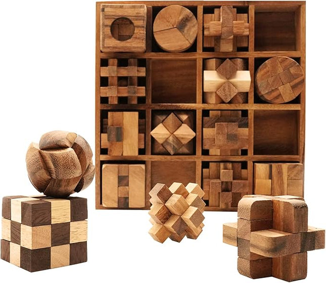 BSIRI 16 in 1 Wooden Brain Teaser Puzzles for Adults and Teens or Kids Interlocking 3D Mini Wood Mind Games Hand Puzzle Teasers Set Toys Coffee Table Games Gift