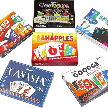 Regal Games Fun Card Games Set for Adults - Canasta, Spoons and a Spork, Garbage Monsters, ScorZo, The Goodge Rules, and Banapples Decks - Fun & Travel Playing Cards for Family Game Night