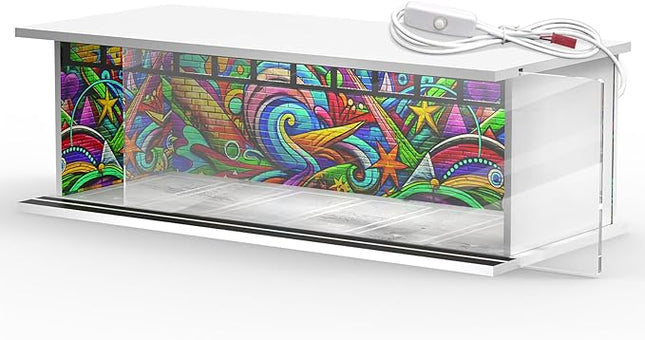 1/64 Scale Diecast Display Case for Hot Wheels Matchbox Cars, Toy Car Model Mini Garage with LED Light and Acrylic Cover, Stackable Parking Lot Diorama Storage for Collection Present