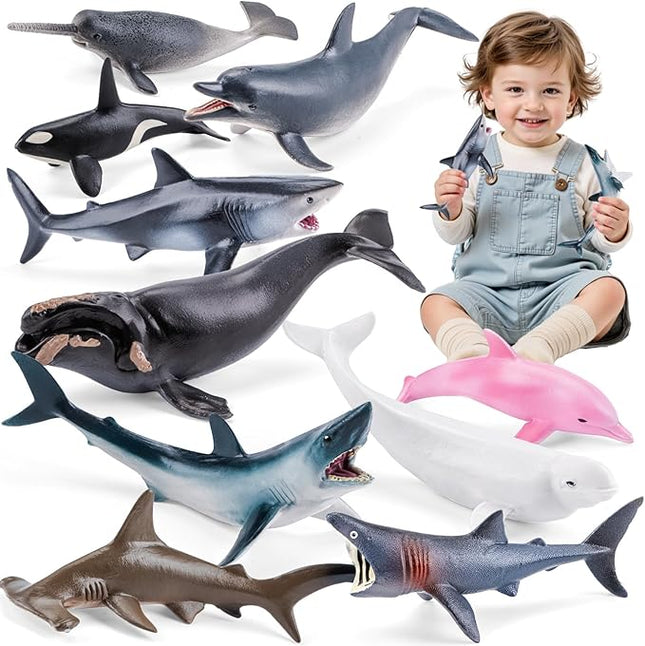 10PCS 5" Sea Animal Toys for Toddlers, Bath Ocean Animal Whale Shark Figurines Toys for Kids, Cake Toppers Birthday Party Favors & Gifts for Boys & Girls