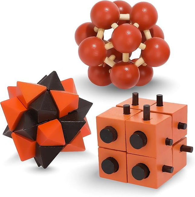 Sharp Brain Zone Wooden Brain Teaser Puzzles for Adults & Kids (Kongming Puzzle Set of 3)